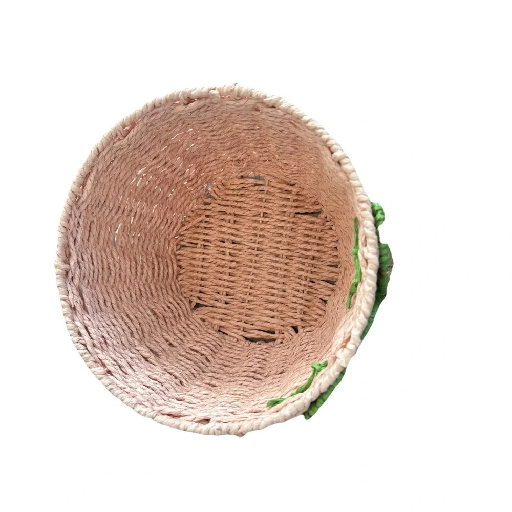 Adorable Pink Wicker Basket round Leaves Top Opening 9.25